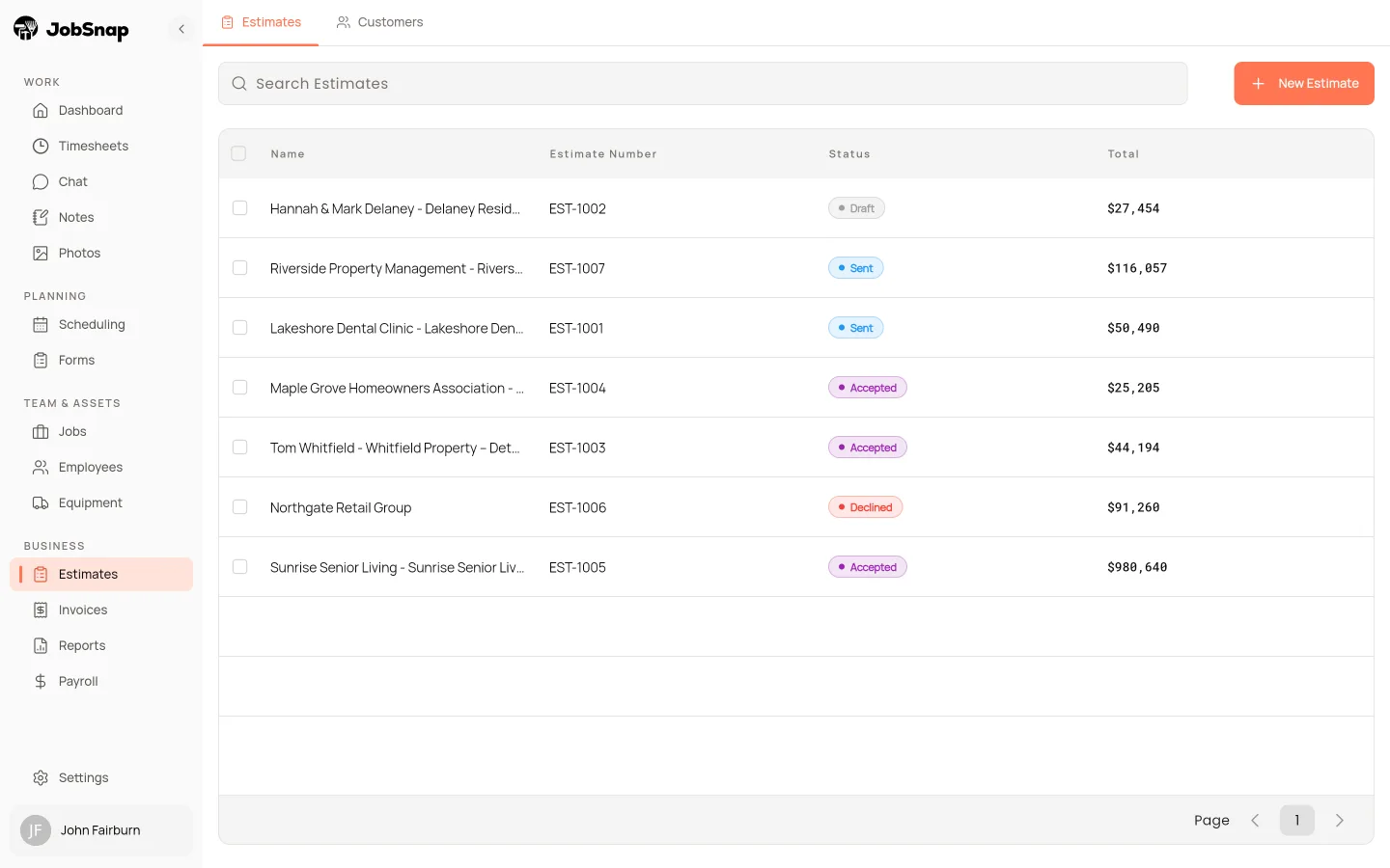 Construction estimates list in the JobSnap web app