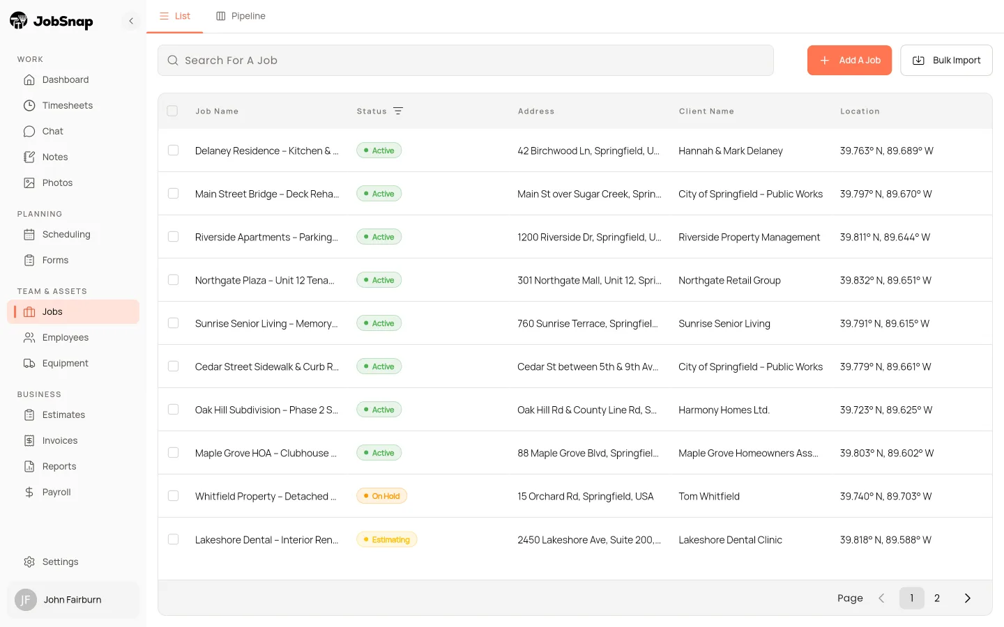 Construction job list in the JobSnap web app