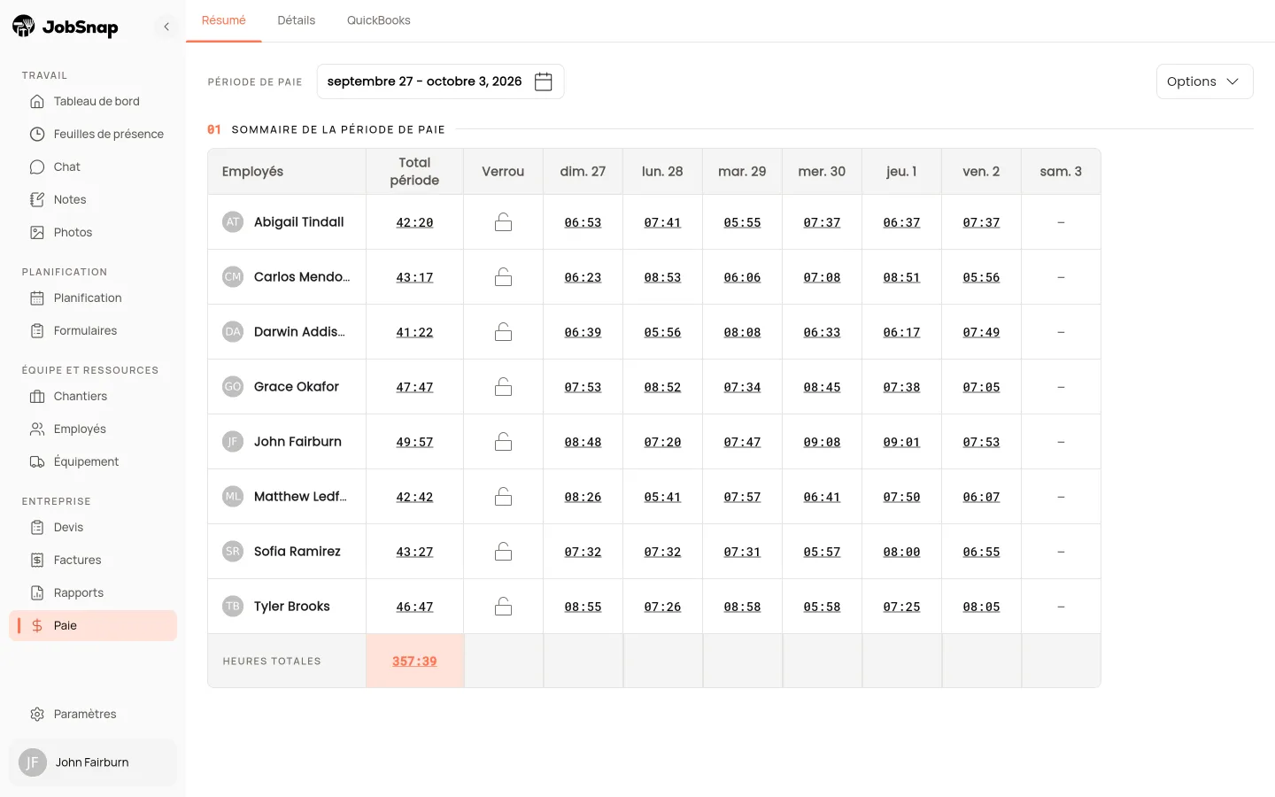 Heures de paie hebdomadaires par employé dans l'application web JobSnap