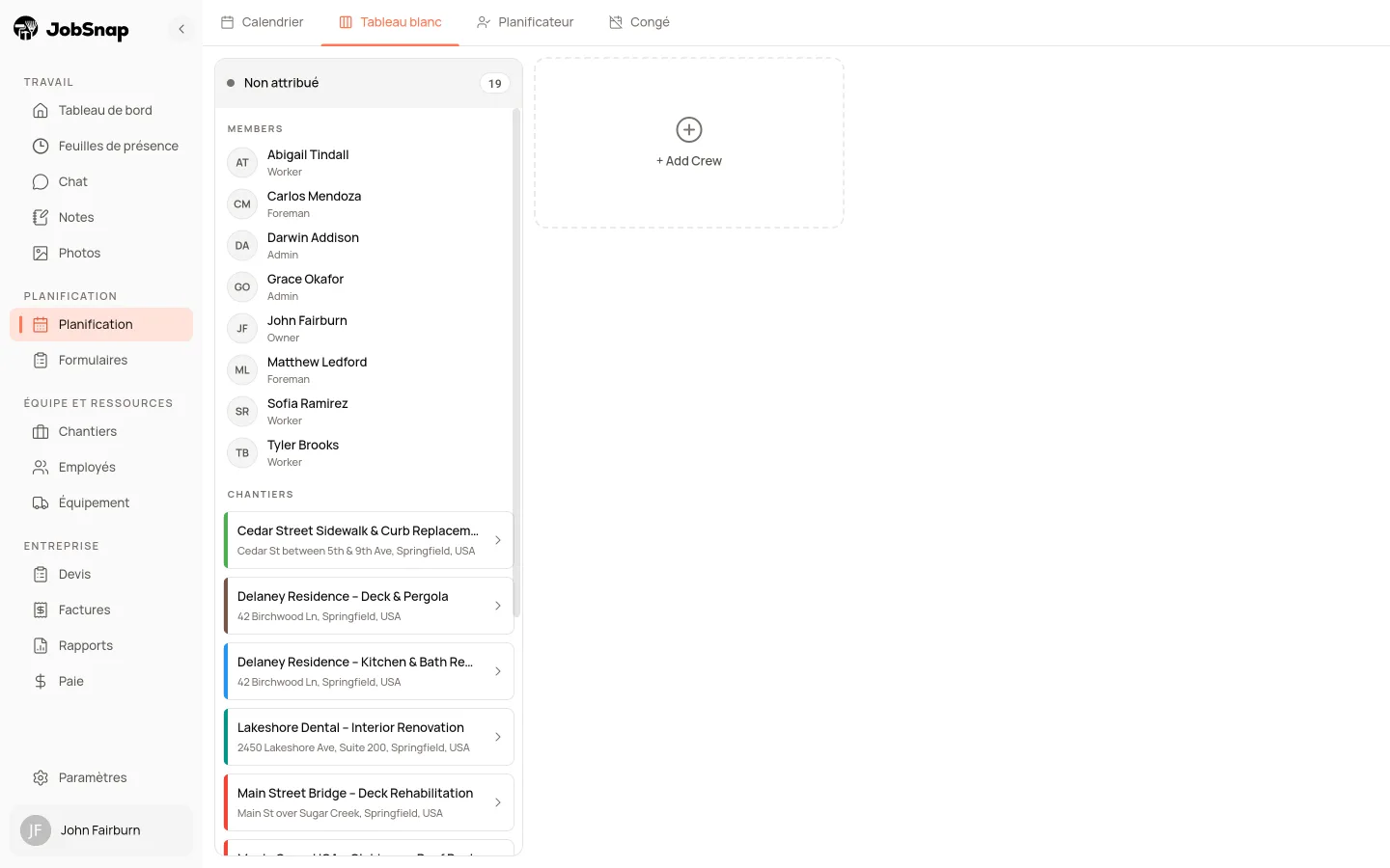 Tableau d'horaire des équipes dans l'application web JobSnap
