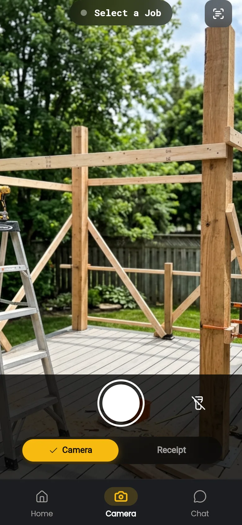 Jobsite camera with job selector and receipt mode in the JobSnap mobile app