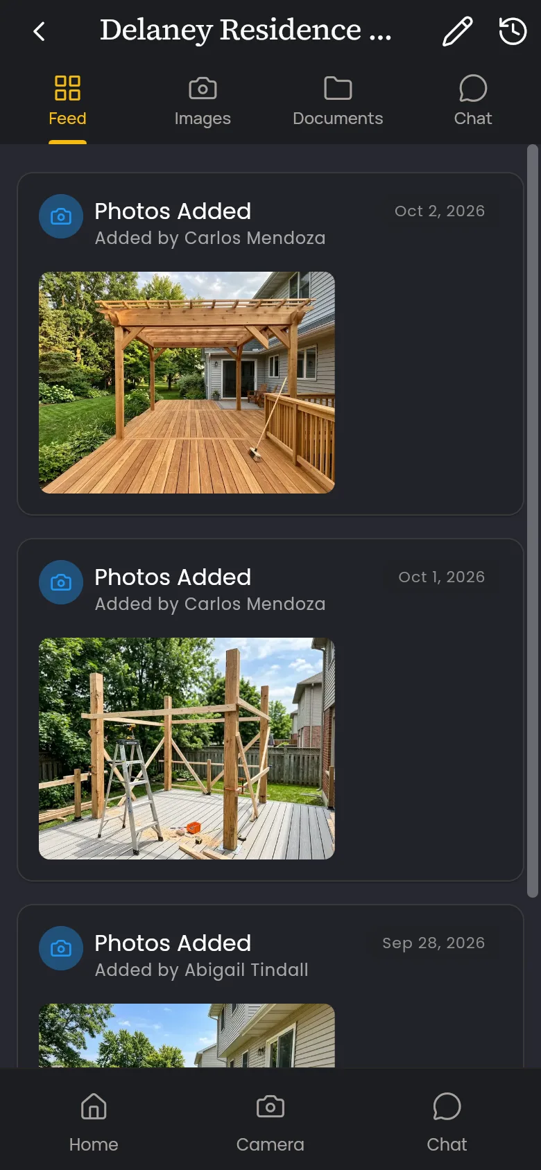 Jobsite photos and updates for one job in the JobSnap mobile app