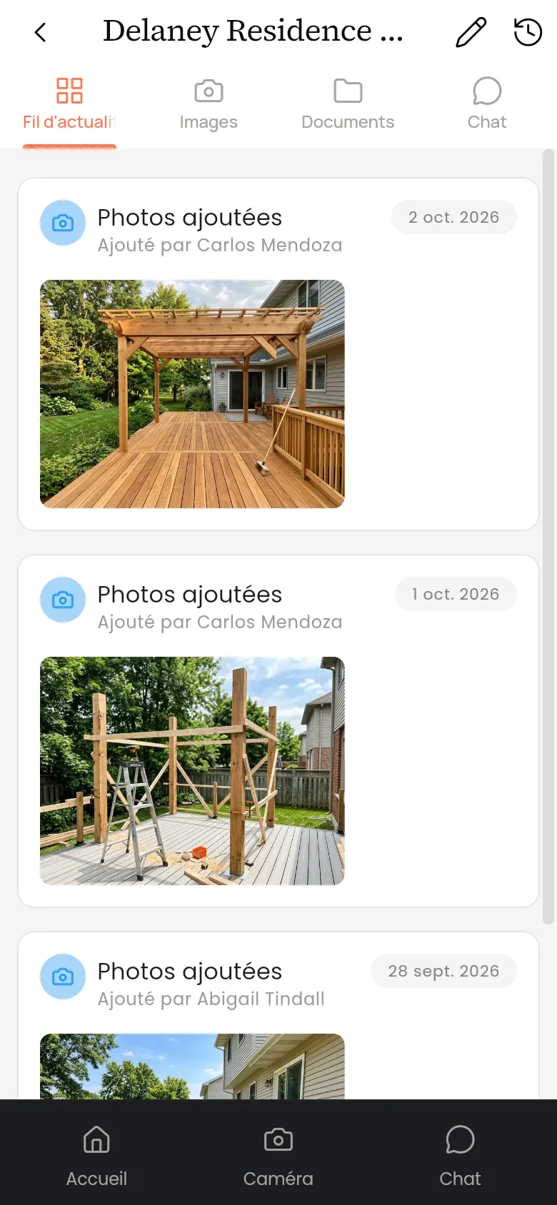 Photos de chantier et suivi d'un projet dans l'application mobile JobSnap