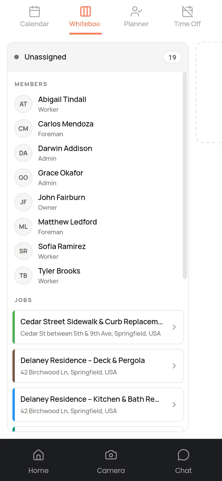 Crew scheduling whiteboard on the JobSnap mobile app